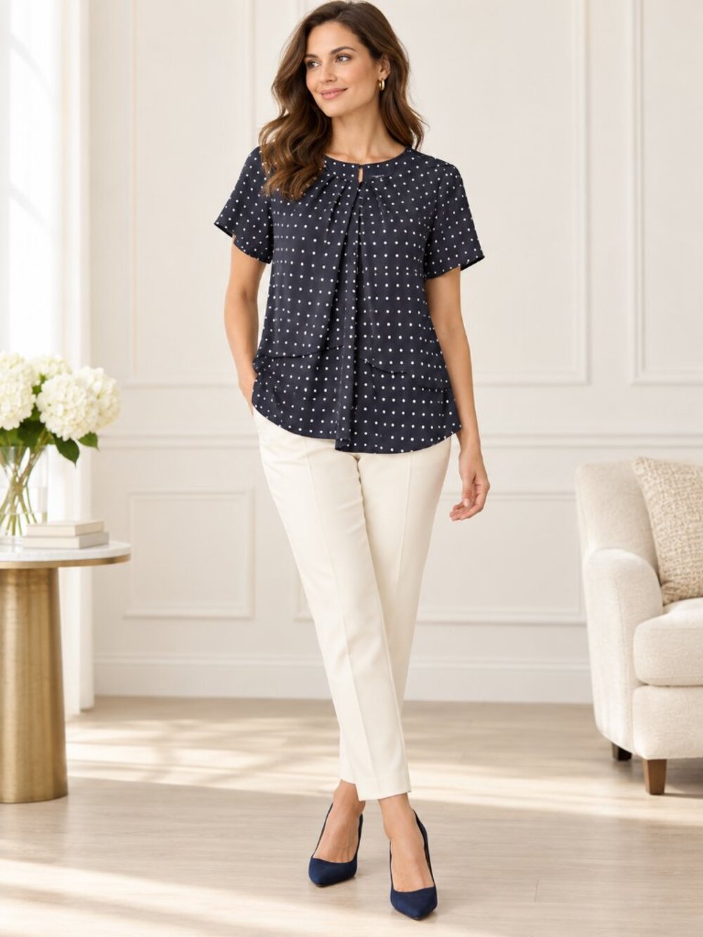 Ann Taylor Navy Blue Polka Dot Short Sleeve Blouse